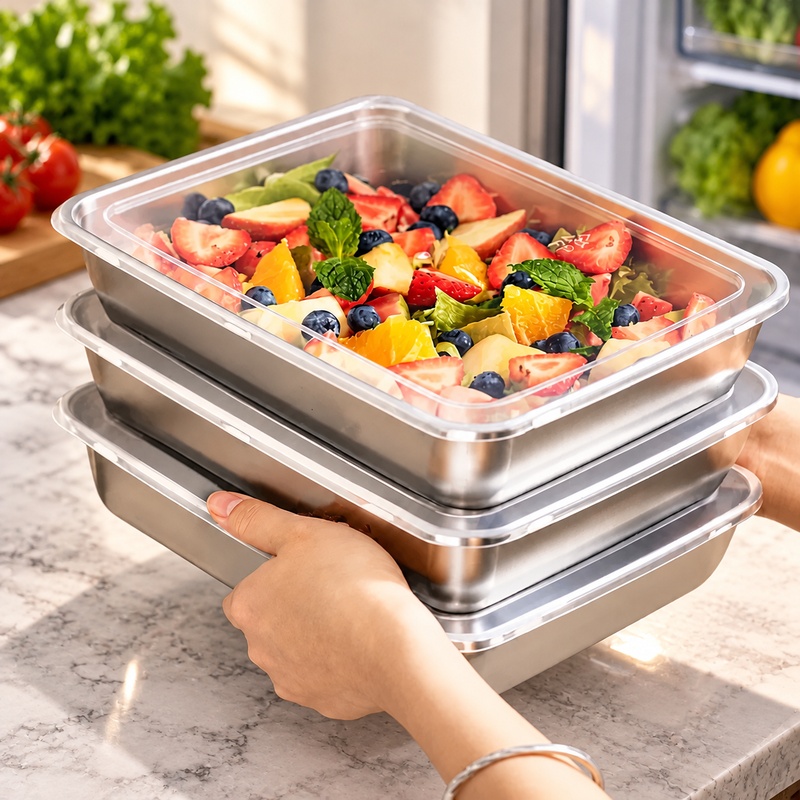 Kitchen Gadgets Organizer - ชุดภาชนะสแตนเลสสำหรับเก็บอาหาร 3 ชิ้น พร้อมฝาปิดใส ป้องกันการรั่วซึม เหมาะสำหรับใช้ในครัวและสำหรับการรับประทานอาหารนอกสถานที่