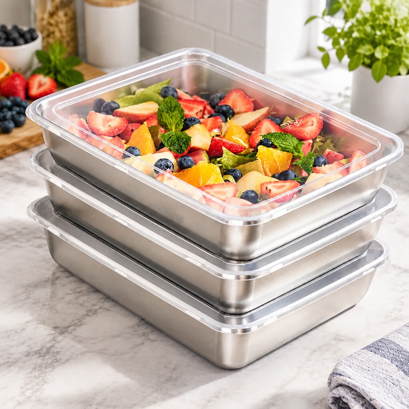 Kitchen Gadgets Organizer - ชุดกล่องอาหารสแตนเลส 3 ชิ้น พร้อมฝาปิดใส ป้องกันการรั่วซึม เหมาะสำหรับใช้ในการตั้งแคมป์และจัดเก็บอาหารในครัวเรือน